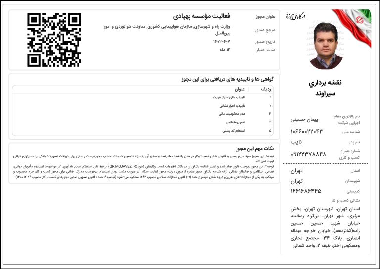 مجوز فعالیت مؤسسهی پهپادی
